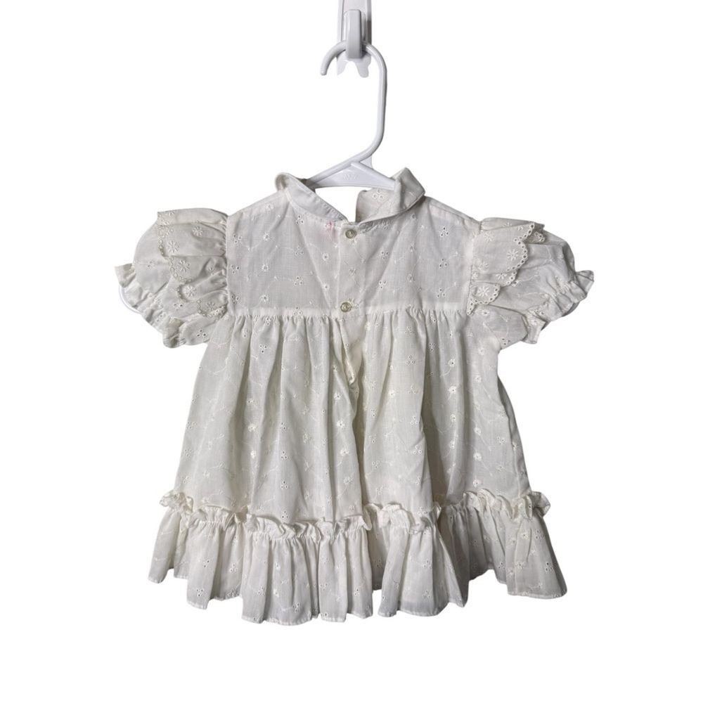 Vintage White Eyelet Lace Baby Dress 24 Months Pink Ribbon Floral - Picture 3 of 5